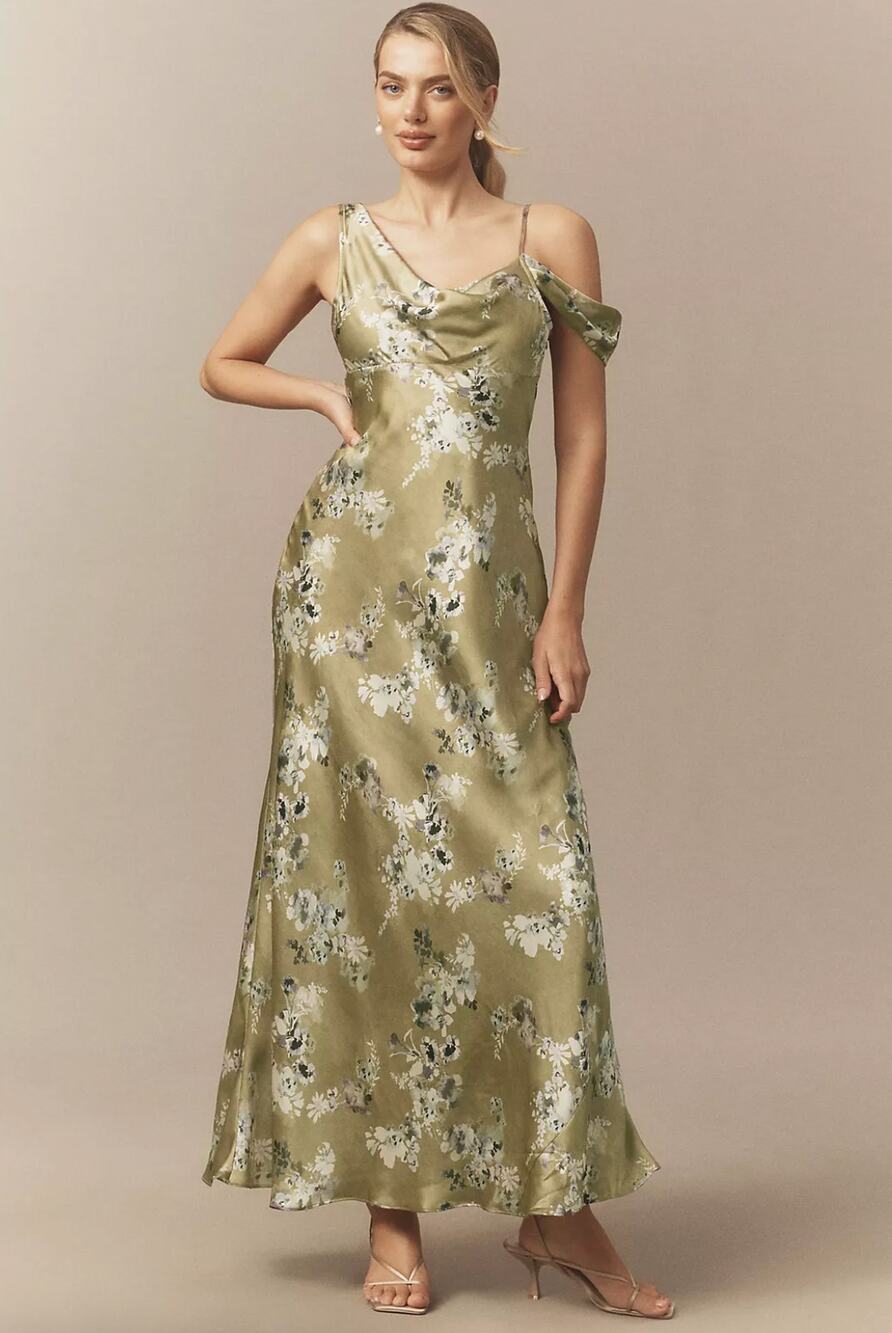 BHLDN Abigail Asymmetric Cowl-Neck High-Shine Satin Maxi Dress, NWT, Size M